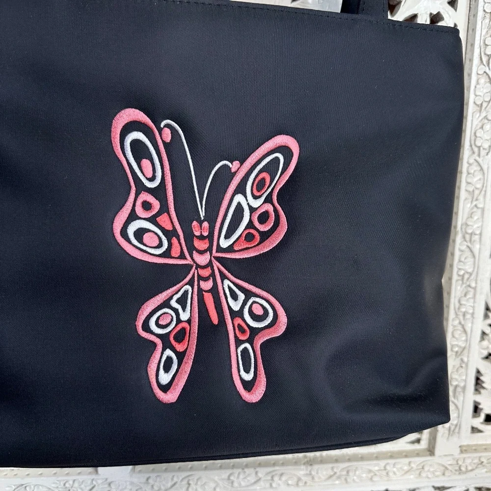 Bob Mackie Wearable Art Embroidered Pink & Black Butterfly Small Tote Bag‎